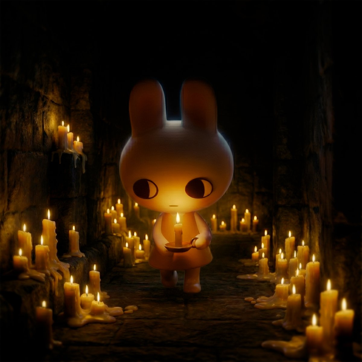 UMI walking forward through a passage filled with candles