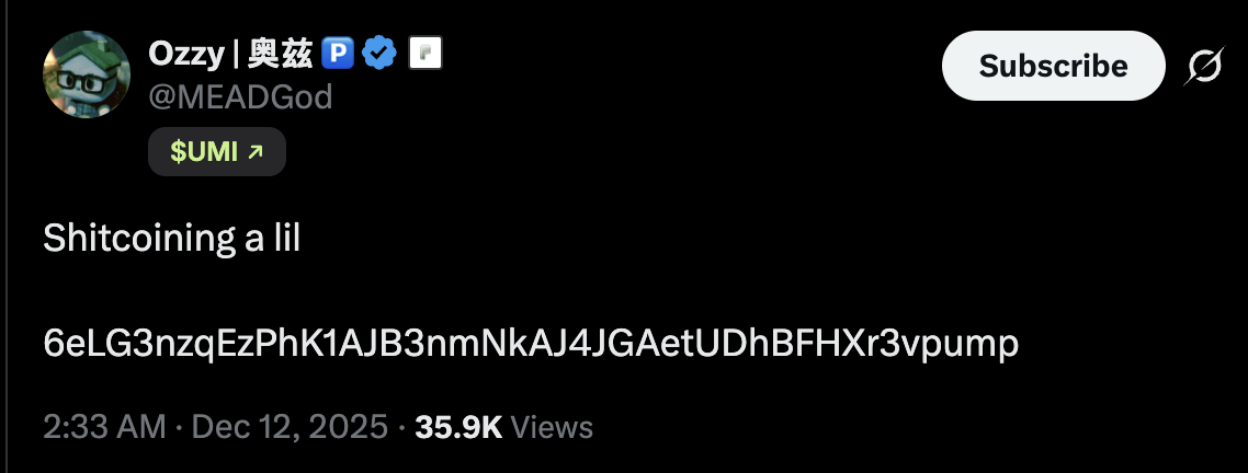 Original post by Ozzy, @MEADGod: Shitcoining a lil, followed by the UMI contract address. Dated December 12, 2025. User-supplied screenshot.